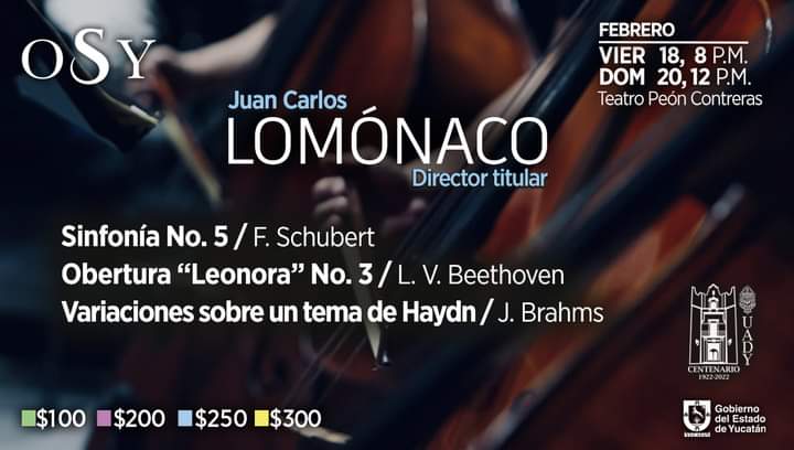 YucatanPresenta's tweet photo. Disfruta del talento de la Orquesta Sinfónica de Yucatán y su nueva temporada de conciertos. 
Este fin de semana escucha grandes piezas clásicas bajo la dirección de Juan Carlos Lomónaco.
Te esperamos en el #TeatroPeónContreras.
Adquiere tus entradas en línea o en la taquilla. https://t.co/JgL1ZYvkj6