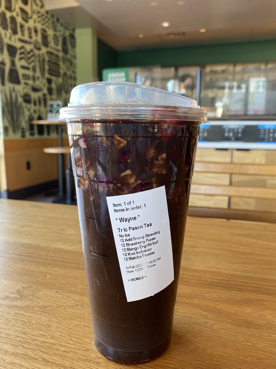 wayne_kuang's tweet photo. Maximizing my free drink from @Starbucks. Lemme introduce you to my drink. Iced Passion Tango Tea with no ice, 12 scoops of matcha powder, 12 scoops of dragonfruit inclusion, 12 scoops of kiwi, 12 scoops of strawberry, 12 scoops of strawberry purée in a Trenta cup (30 fl oz)😝 https://t.co/D4LtNGn93J