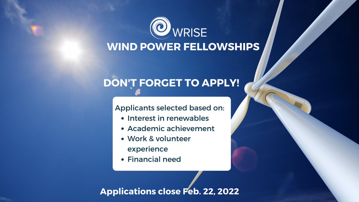 Don't forget to apply to our Wind Power Fellowships! Open to both current students and recent grads and those identifying as a woman or other marginalized gender, learn more about eligibility requirements and apply today: wrisenergy.org/fellowship-hon… Applications close 2/22/2022