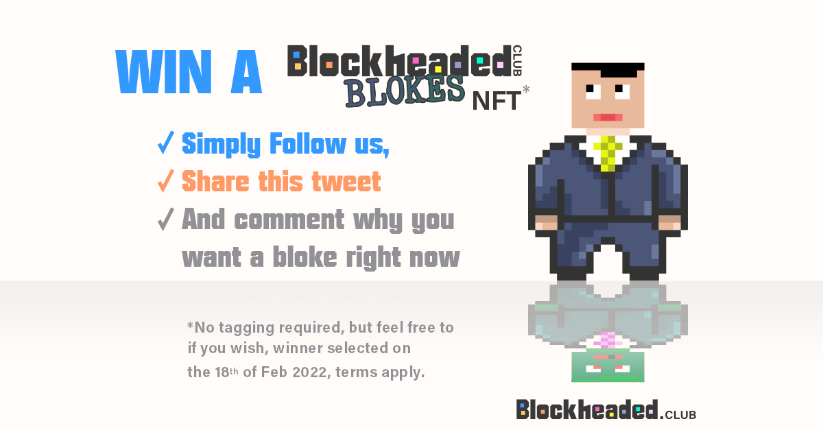 BlockheadedClub's tweet photo. Our 1st NFT Giveaway, get yourself a #BlockheadedBloke 

How to enter? 

1. Rt &amp; like the post❤️
2. Comment why you want a Bloke right now 😉

#NFT #NFTs #NFTCommunity #NFTdrop #NFTGiveaway #Airdrop #Airdrops #cryptogiveaway
#Crypto #PolygonNFT #NFTs https://t.co/gVyU1s6U4f