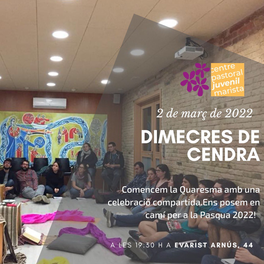 maristesenxarxa's tweet photo. El proper 2 de març és Dimecres de Cendra i celebrarem l’inici de la Quaresma.
T'esperem a les 19.30 h al Centre Juvenil! T'hi pots inscriure en el següent enllaç: https://t.co/oHlmBkMJpb
#pastoraljuvenilmarista https://t.co/a8amGzGCsZ