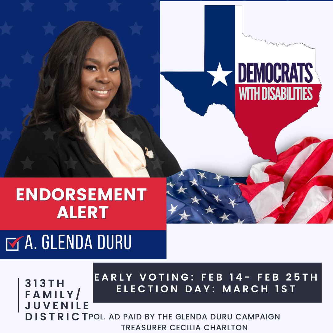 Endorsement: Texas Democrats with Disabilities.

Happy Valentine's Day!

#DISABILITYJUSTICE
#DURU4JUDGE
#DURUFOR313th 
#YOURVOTEMATTERS
#ROCKTHEVOTE
#PRIMARYELECTION