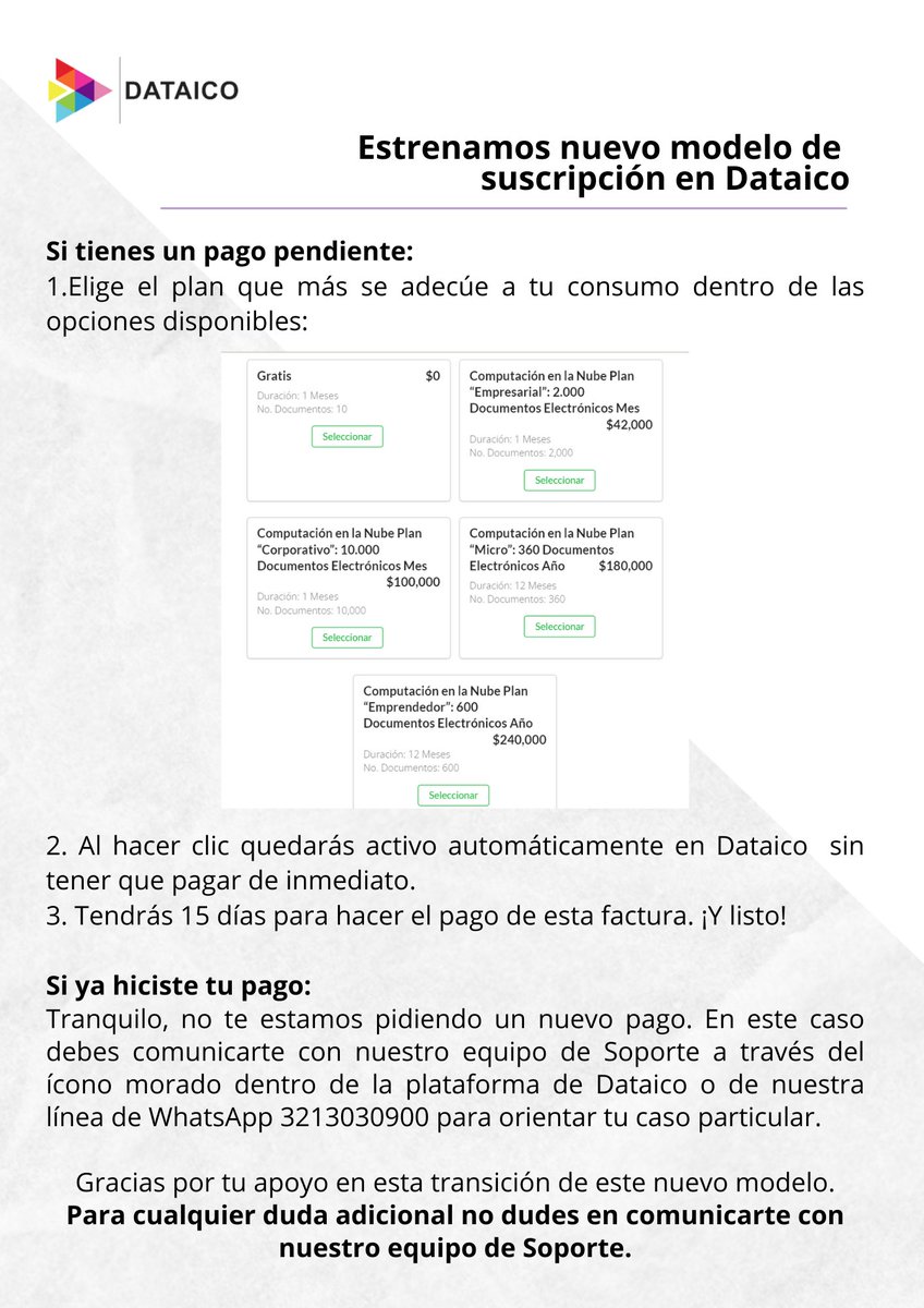 dataico_'s tweet photo. Estrenamos nuevo modelo de suscripción en Dataico y esto es lo que tienes que tener en cuenta: 👀 https://t.co/PoF5Sf3lC8