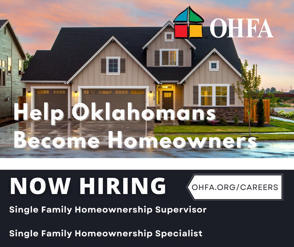 OklahomaHousing's tweet photo. NOW HIRING: #OHFA is #hiring in its Single Family Homeownership department.
Visit https://t.co/DdF41E4Agr for job descriptions and to apply.
#NowHiring #OklahomaJobs #MortgageCareers #OKCJobs #Realestate #OHFAdownpayment https://t.co/mknxptJQS9