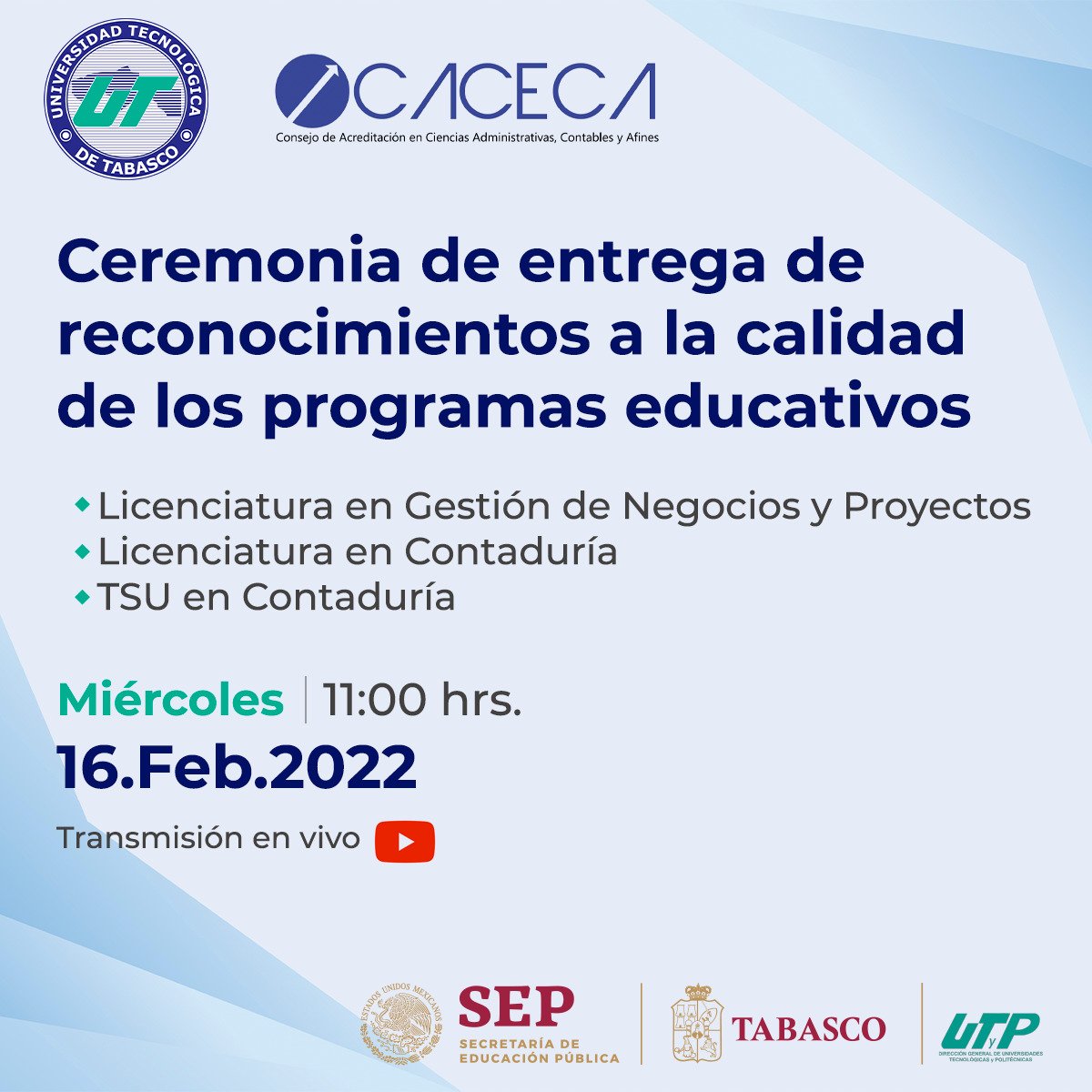 UTTAB's tweet photo. 📌 Te invitamos a nuestra Entrega de Reconocimientos CACECA a través de nuestro canal de YouTube 🥇🏆 https://t.co/uXc9B4asIc
