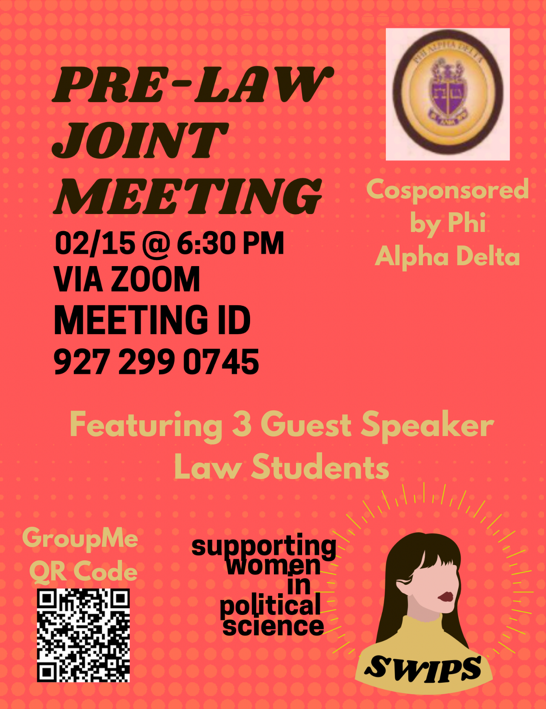 Tomorrow, 6:30PM! Connect with <a href="/SWIPS_TXST/">SWIPS TXST</a>  &amp; Phi Alpha Delta at their pre-law joint meeting for the opportunity to gain tips about applying to law school, receive helpful resources, and much more. Join the SWIPS GroupMe to RSVP attendance!
bit.ly/3rBz4uH