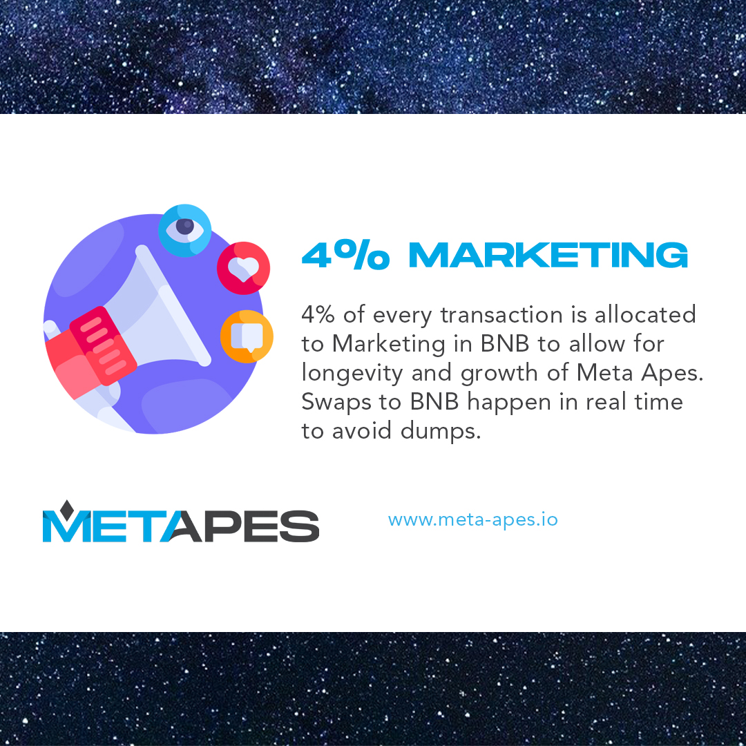 4% Marketing.

4% of every transaction is allocated to Marketing in BNB to allow for longevity and growth of Meta Apes.

Swaps to BNB happen in real-time to avoid dumps.

Visit our website for more.

meta-apes.io

#NFT #NFTs #NFTcollectors #NFTart  #NFTCommunity