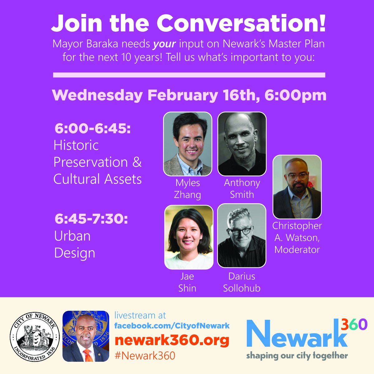 Join the conversation! Mayor Baraka needs your input on Newark's Master Plan ! The next <a href="/newark360/">Newark360</a>  panel is taking place here, on FB Live on Wed. Feb. 16th at 6:00pm and the second panel begins at 6:45pm.