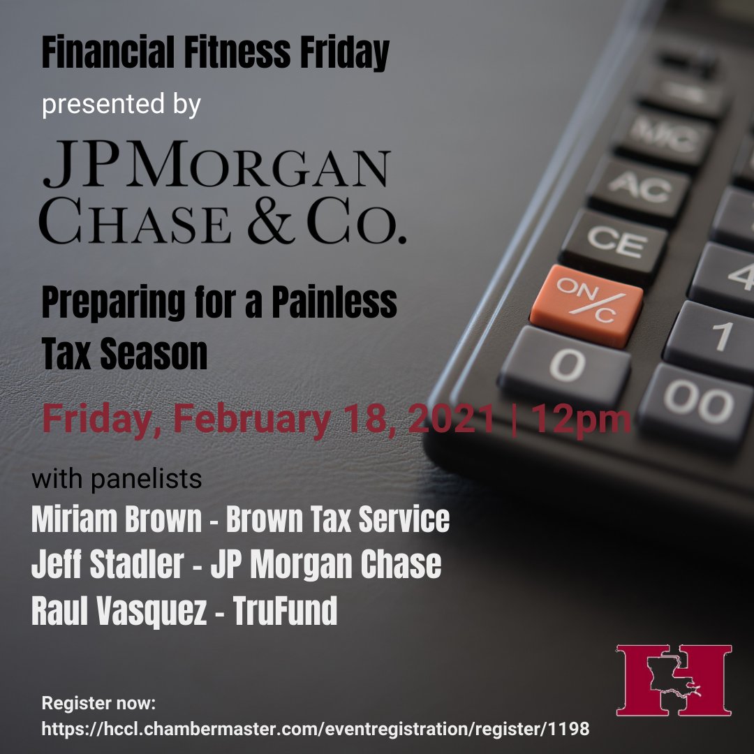 Hispanic Chamber LA (@hispanicccl) on Twitter photo The Financial Fitness Fridays series, presented by <a href="/JMorganchase/">JPMorganChase</a> brings you a special webinar this Friday, February 18th, to take the pains out of the tax season. Log on and let our expert panelists show you how to prepare your business.
Register here: hccl.chambermaster.com/eventregistrat… The Financial Fitness Fridays series, presented by <a href="/JMorganchase/">JPMorganChase</a> brings you a special webinar this Friday, February 18th, to take the pains out of the tax season. Log on and let our expert panelists show you how to prepare your business.
Register here: hccl.chambermaster.com/eventregistrat…