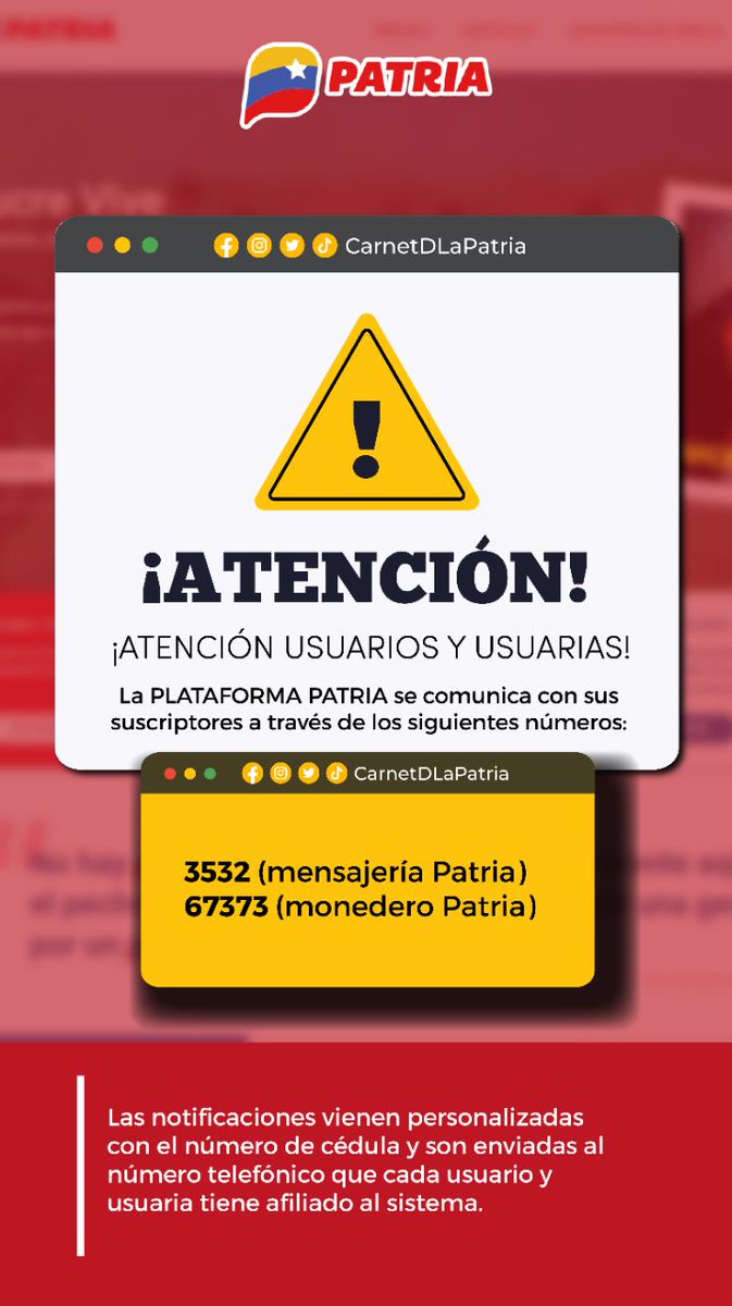 #ATENCIÓN usuari@s, la #PlataformaPatria, se comunica con sus suscriptores a través de los siguientes números: 3532 Mensajería Patria 67373 Monedero Patria Las notificaciones vienen personalizadas. #SistemaPatria siempre al servicio del pueblo. #SomosPuebloDeAmor #14Feb