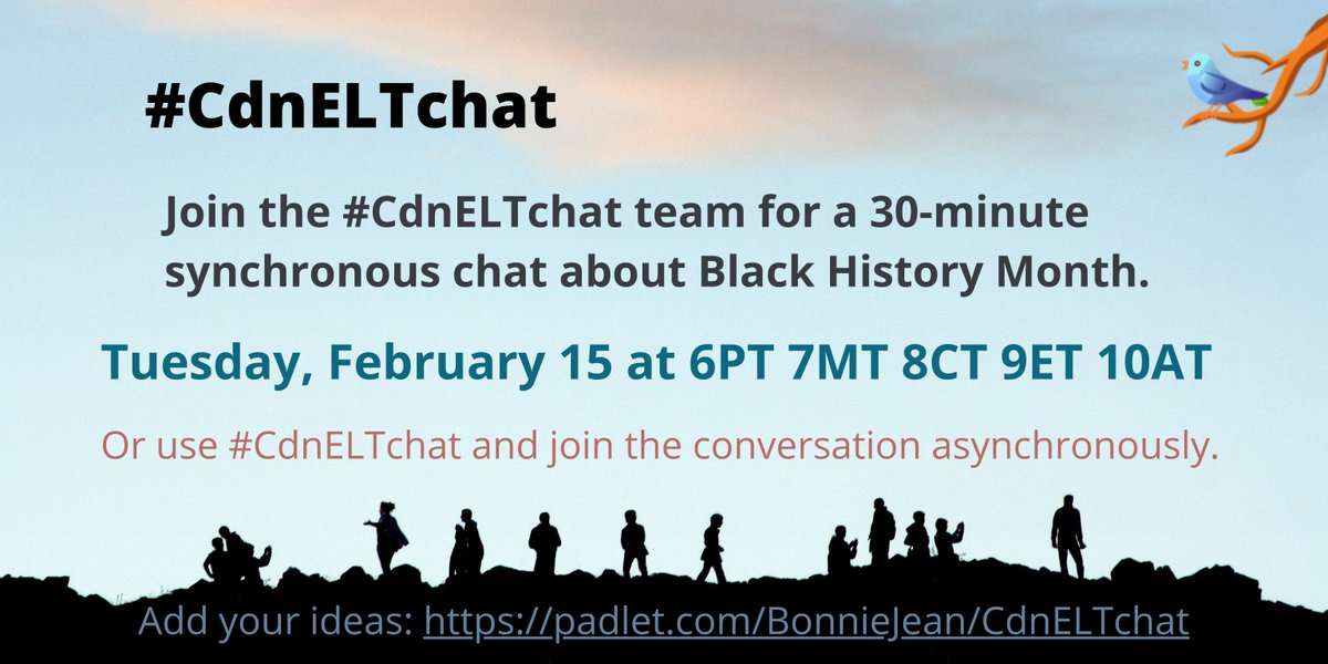 Join the #CdnELTchat team for a 30-minute synchronous chat about Black History Month.

Tuesday, February 15 at 6PT 7MT 8CT 9ET 10AT 

Padlet: padlet.com/BonnieJean/Cdn…

@BonnieJNicholas <a href="/jennifermchow/">Jennifer Chow</a> @ELTAugusta <a href="/StanzaSL/">Svetlana Lupasco</a>