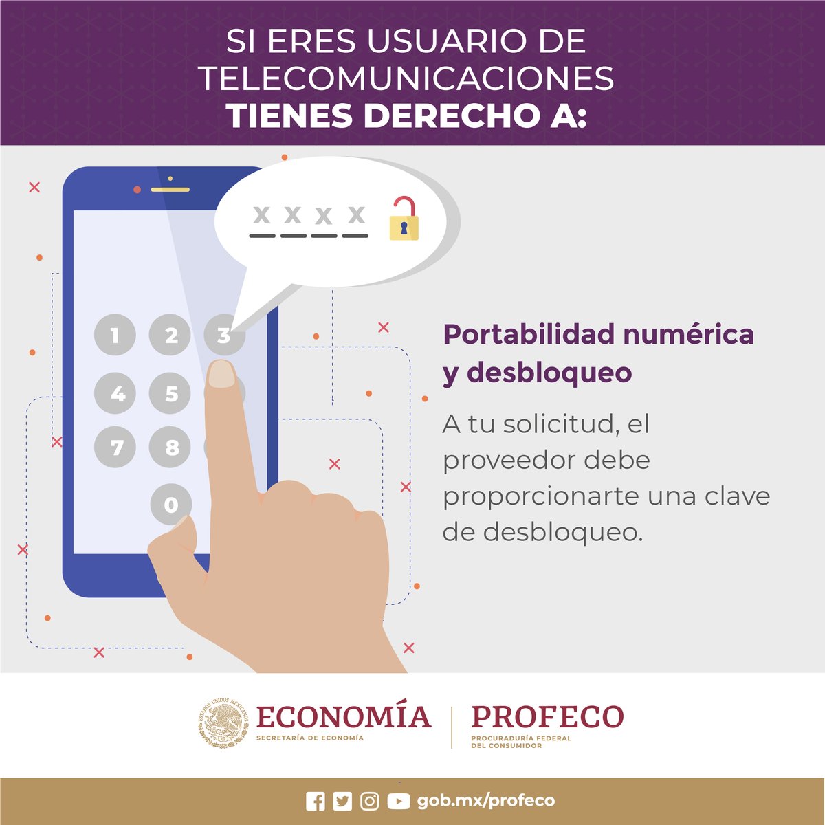 Profeco's tweet photo. 🔴#DerechosTelecom | Puedes cambiarte gratuitamente de compañía telefónica fija o móvil las veces que quieras conservando tu mismo número. 📲
 
 💡👤 ¡Un consumidor informado, es un consumidor empoderado! https://t.co/a5GMsX0c5o