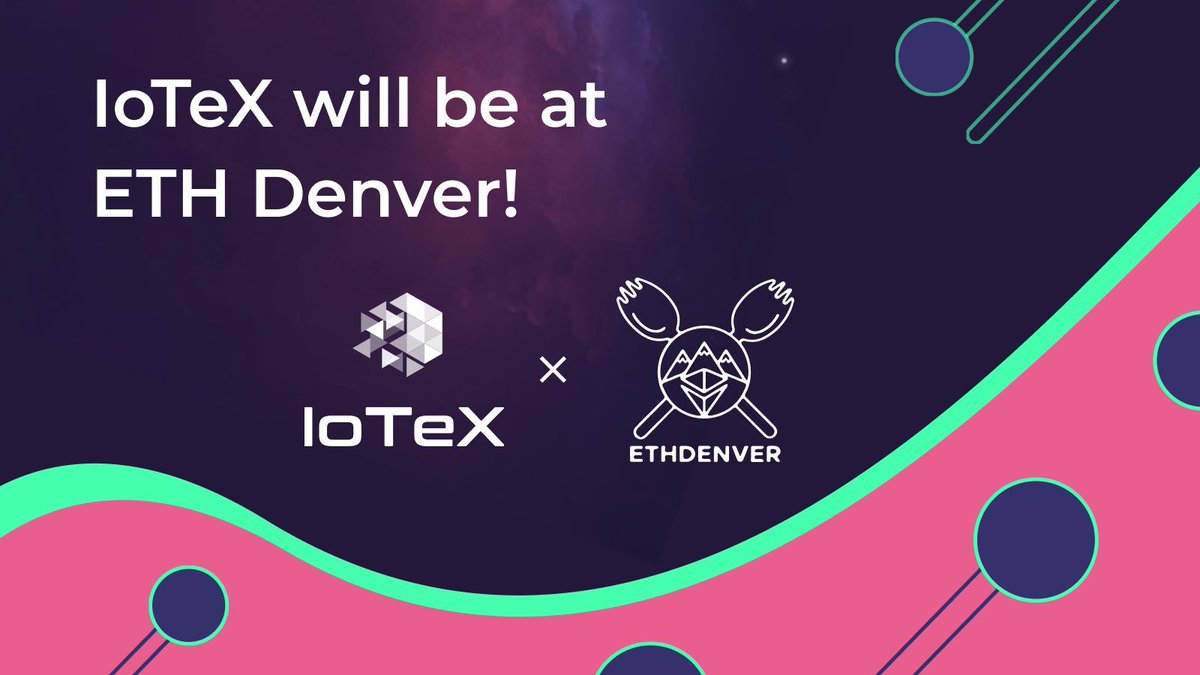 IoTeX events at <a href="/EthereumDenver/">ETHDenver 🏔🦬🦄</a>:

• Wed, Feb 16 @ 1pm -- IoTeX Keynote + Meta-Pebble Unveil: ethdenver.sched.com/event/vBZT/mac…

• Thurs, Feb 17 @ 10:40am -- MachineFi Presentation by <a href="/Raullen/">raullen.eth</a>:
ethdenver.sched.com/event/xTZ1/pro…

• Thurs, Feb 17 @ 10pm -- Invite-only Party: eventbrite.com/e/eth-denver-w…