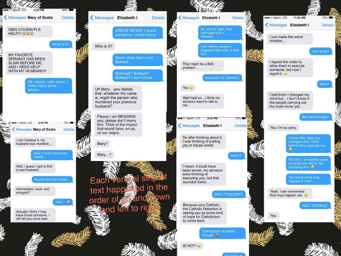 STEM7thWCMS's tweet photo. Bringing Elizabethan era to 2022. CVA students created a text exchange between the two rival queens👑, Elizabeth I and Mary, Queen of Scots. #eventsthatchangedhistory #chargeduplearning @teachtheville @ColliervilleVi1 @cville_schools https://t.co/egOMEb3qRU