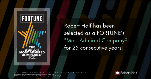 NatalyaSpicker's tweet photo. Robert Half has been recognized as one of FORTUNE’s “Most Admired Companies®” for 25 consecutive years and is the only company in its industry to achieve this distinction! Learn more about the award: https://t.co/OcJcecLrTv https://t.co/EjaTkey9l3