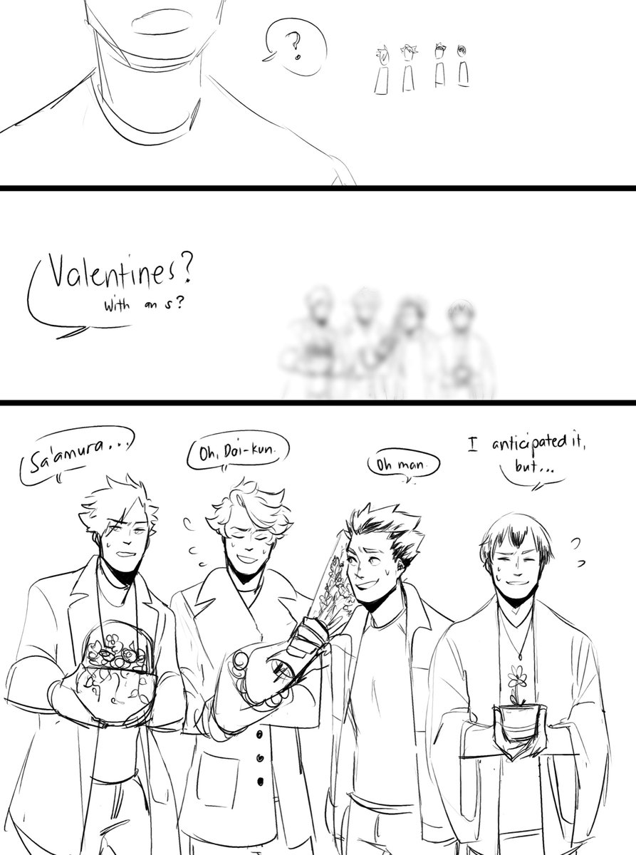 ♥️🌹Happy Valentine's, Daichi! feat. Captain Squad! 🌹♥️

(Daichi's a bit oblivious, but Kuroo, Oikawa, Bokuto and Kita still love him though...) 