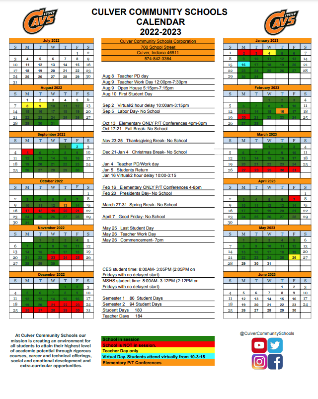 CcscCavaliers's tweet photo. The Culver Community School Board recently approved the final 2022-2023 calendar. Please find the calendar below. Visit https://t.co/OUW0cRDvz1 for a printable version. https://t.co/RHm6VUw7OF