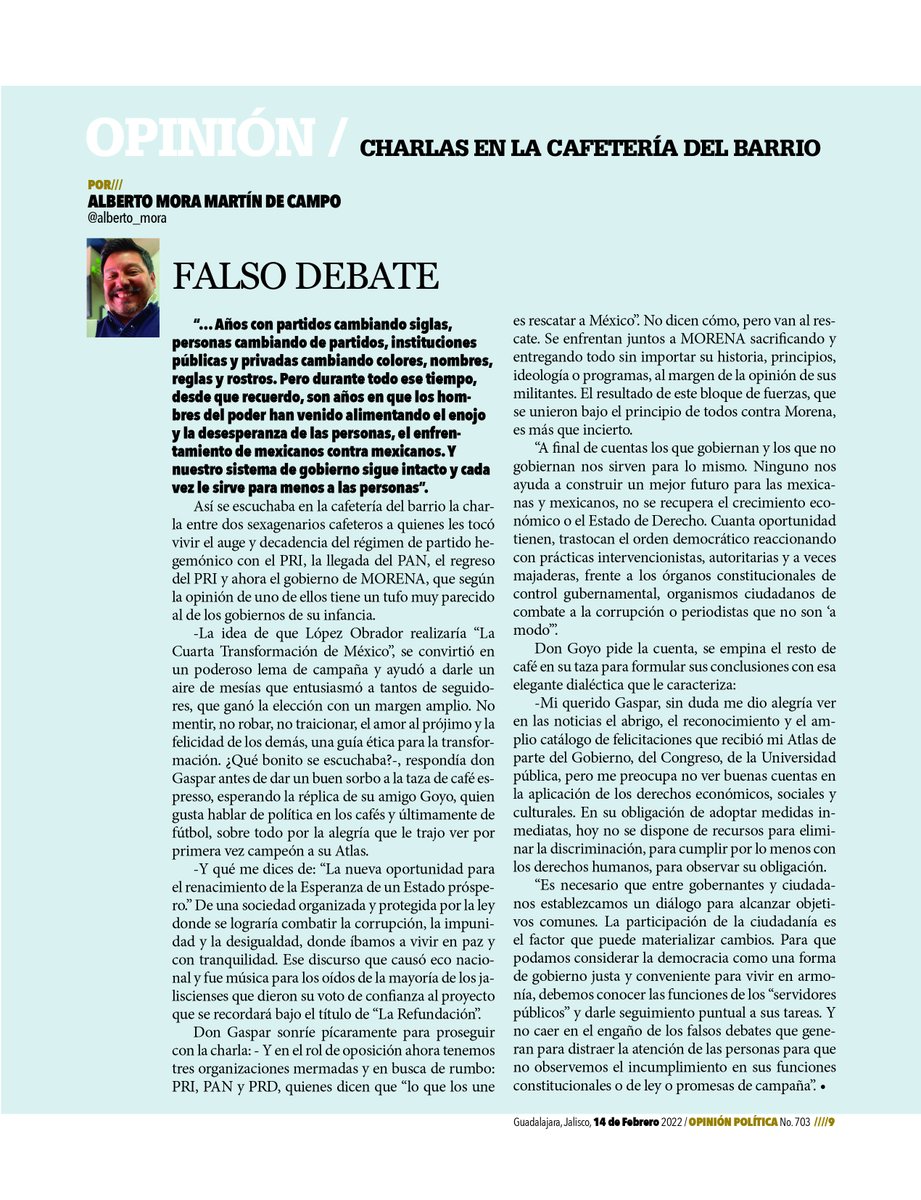 Charlas en la Cafetería del Barrio
Falso Debate
Por Alberto Mora
<a href="/alberto_mora/">Alberto Mora</a>