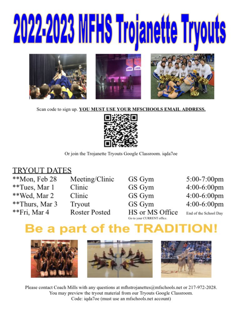 MFHSTrojanettes's tweet image. Want to join the Trojanettes? Tryouts are starting February 28th! Join the google classroom now for more info. No prior dance experience is required. Please reach out if you have any questions or concerns. We hope to see you there! 💛💙