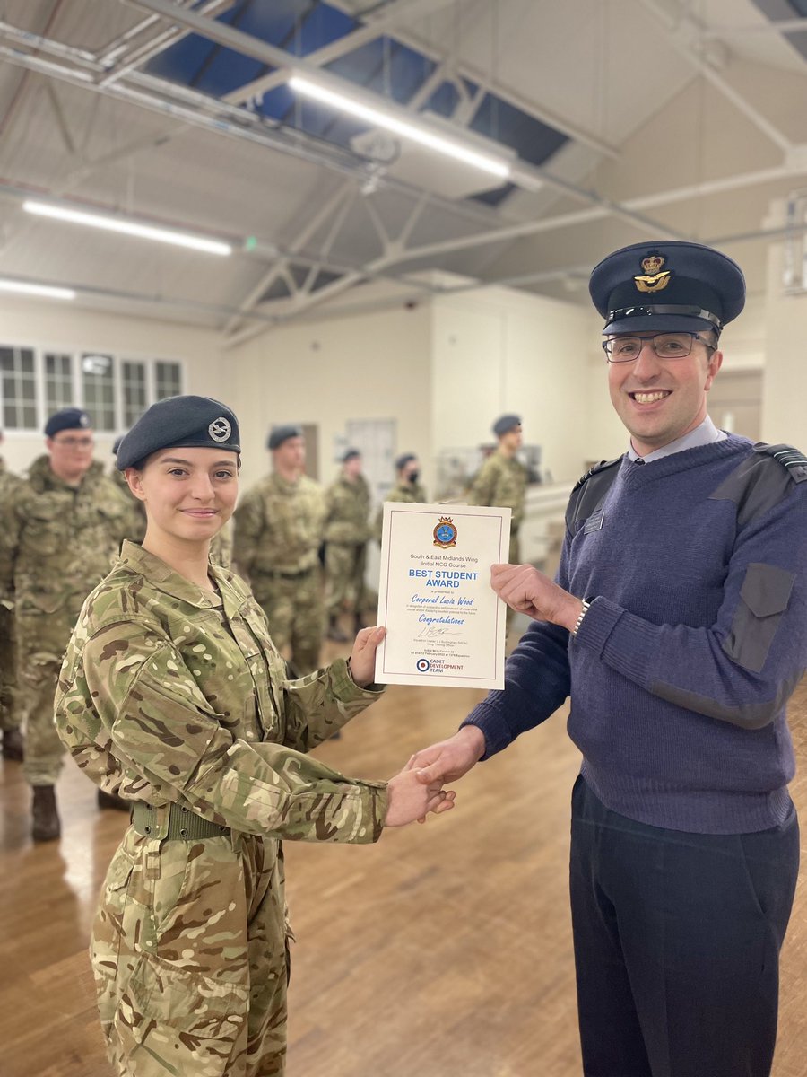 Congratulations Cpl Wood who was the top Student on the Wing initial NCO at the weekend. She received the award from Sqn Ldr Buckingham the wing training officer.