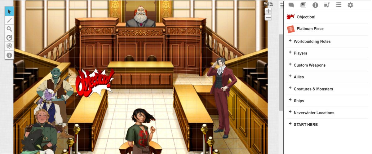 DefectiveBrayne's tweet photo. Re: Matt Mercer effect. I'm not as skilled as the big M&amp;M, but I never need to worry about upsetting anyone for doing a phoenix wright style session on roll20, or zapping the party to the central perk. Home games have more freedom than streamed games. https://t.co/q5A5t51jX3