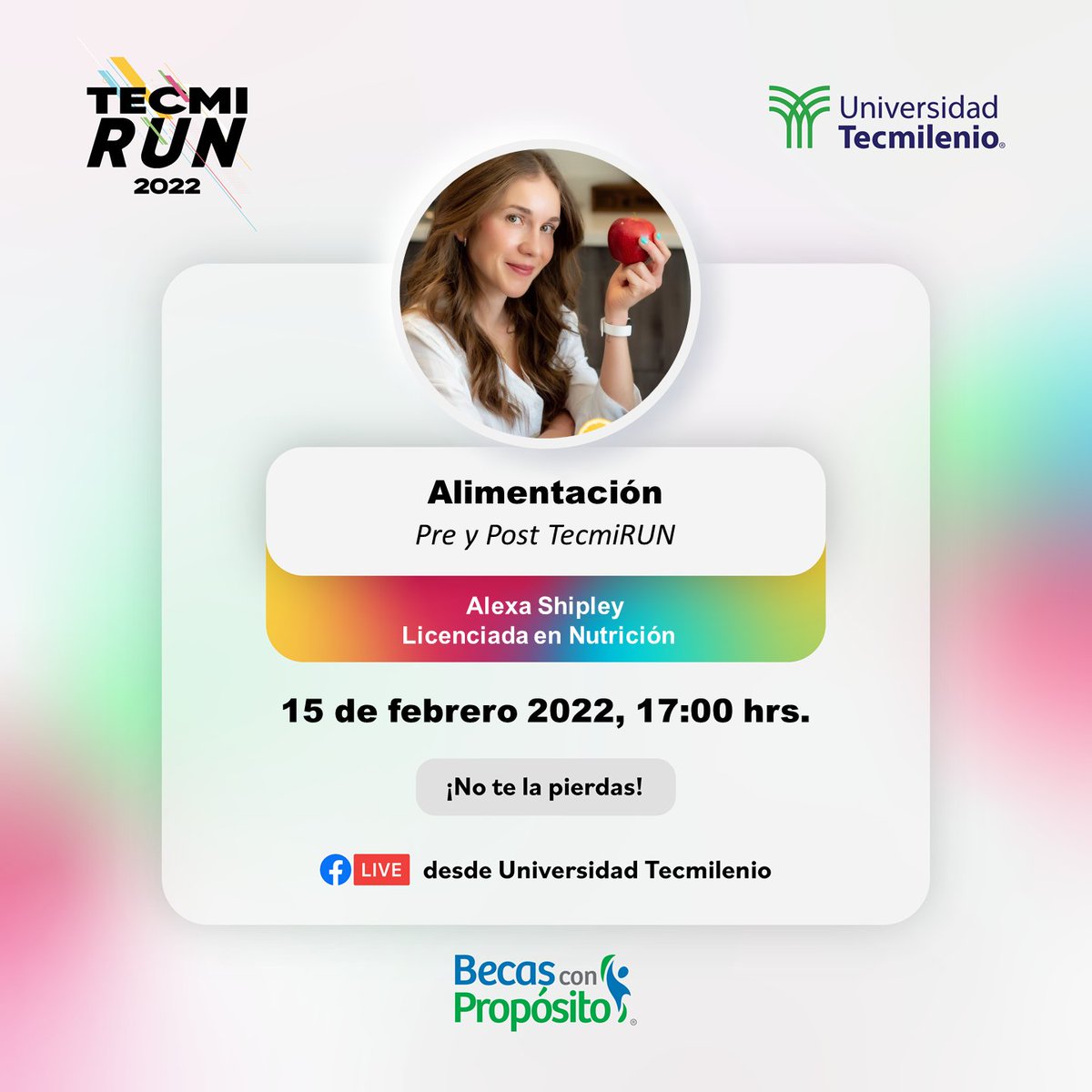 No te puedes perder la plática con Alexa Shipley, Licenciada en Nutrición, que te ayudará a prepararte para el #TecmiRUN2022 con alimentación pre y post de tu entrenamiento.

🗒 15 de Febrero
🕕 5:00 p.m.
📍 Facebook Live Universidad Tecmilenio