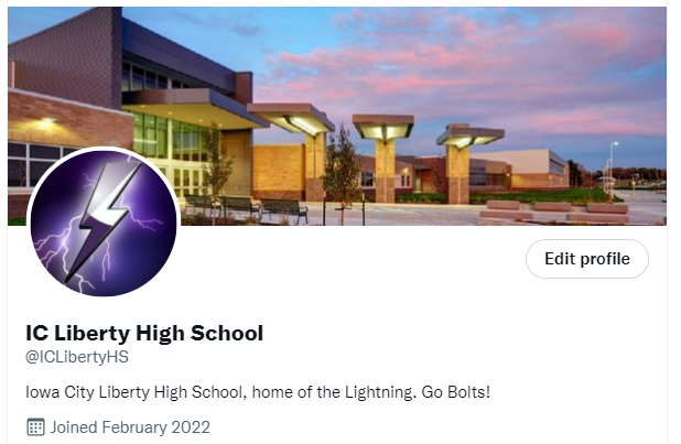Liberty HS has launched an official Twitter account. Please follow <a href="/ICLibertyHS/">IC Liberty High School</a> to stay up-to-date with all things related to the Liberty High School Community. #GoBolts