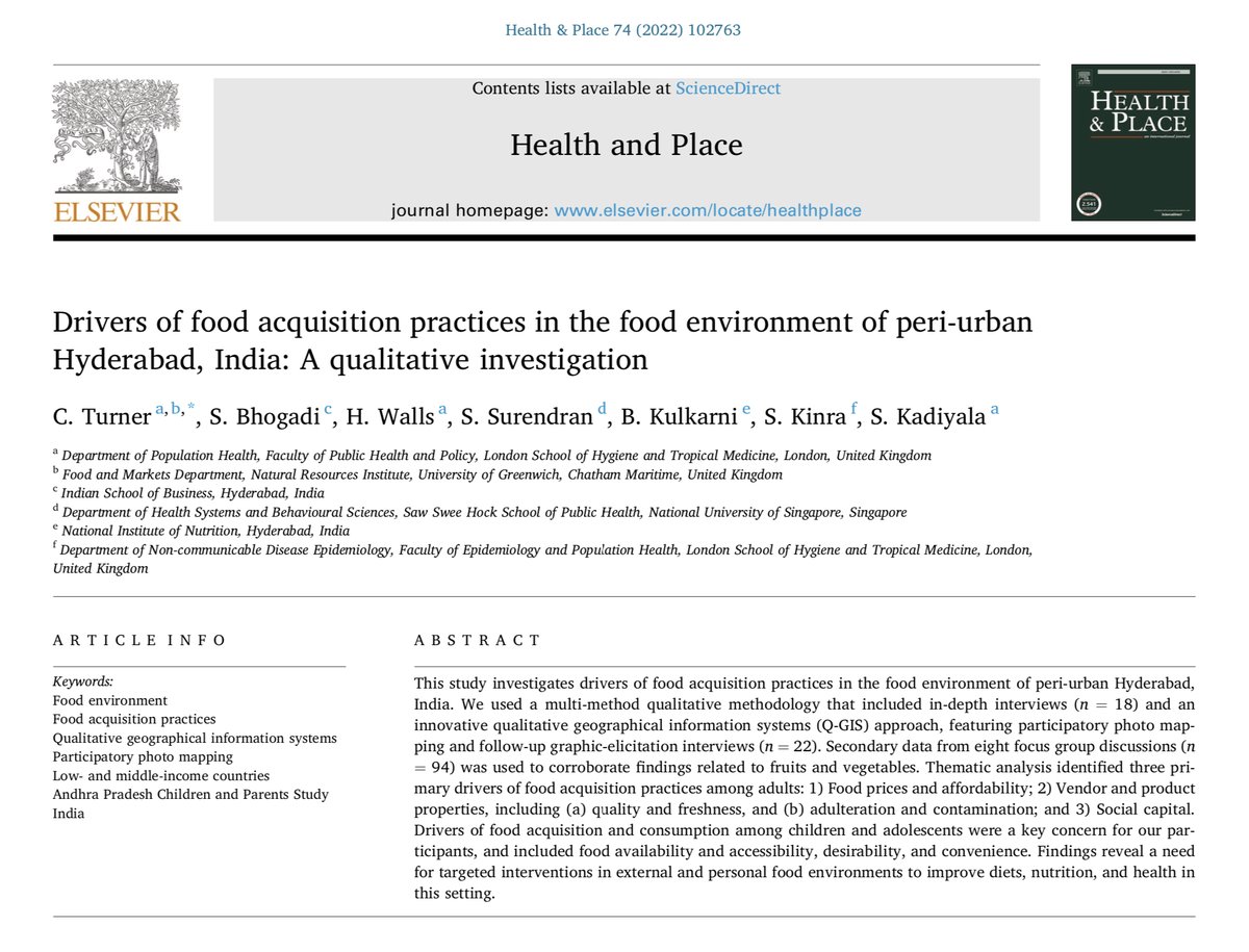 🔥 New paper 📣 Drivers of food acquisition practices in the #foodenvironment of peri-urban #Hyderabad 🇮🇳 👉 doi.org/10.1016/j.heal… 🙏 to #PhD supervisor Suneetha Kadiyala & co-authors, esp. #NIN host @BKulkarni_nin @LSHTM @LCIRAH_UK @ANH_Academy @NRInstitute @UniofGreenwich