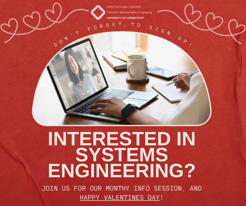 UConnIASE's tweet photo. Happy Valentine's Day! Join us this Thursday, February 17th at noon! Sign up at the link below to join us and learn more about the programs we offer in advanced systems engineering with our brilliant faculty. We look forward to meeting you!

https://t.co/JtVsyXp8Ih https://t.co/DHZplTd6Y4