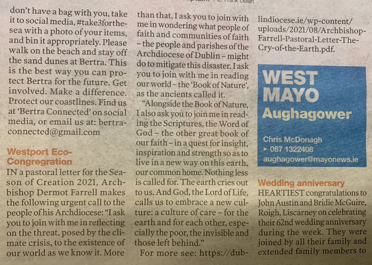 WestEcoCong's tweet photo. Each week we always have a little piece in the @themayonews #LocalNotes
This week the feature on:
The Cry of the Earth
– The Cry of the Poor
THE CLIMATE CATASTROPHE – CREATION’S URGENT CALL FOR CHANGE
Archbishop Dermot Farrell https://t.co/fXbdt29mVd