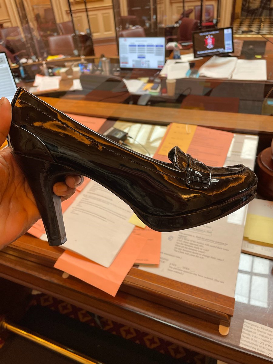 .@WinsomeSears gaveled Virginia Senate to order with high-heeled patent leather pump after an unknown prankster hid her gavel. She took the trick in stride: “One shoe can change your life. Just ask Cinderella.”