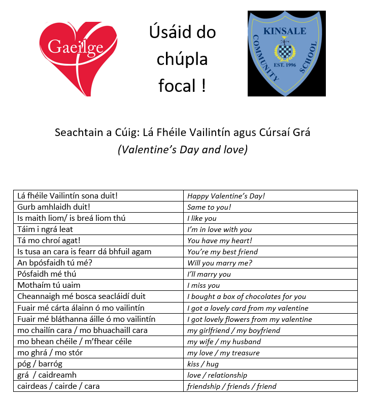 KinsaleComSch's tweet photo. Lá Fhéile Vailintín faoi mhaise daoibh!
Seachtain a Cúig: Lá Fhéile Vailintín agus Cúrsaí Grá
#AnGhaeilge #Grá #LáFhéileVailintín #KCS4Life https://t.co/zajEesgQo9