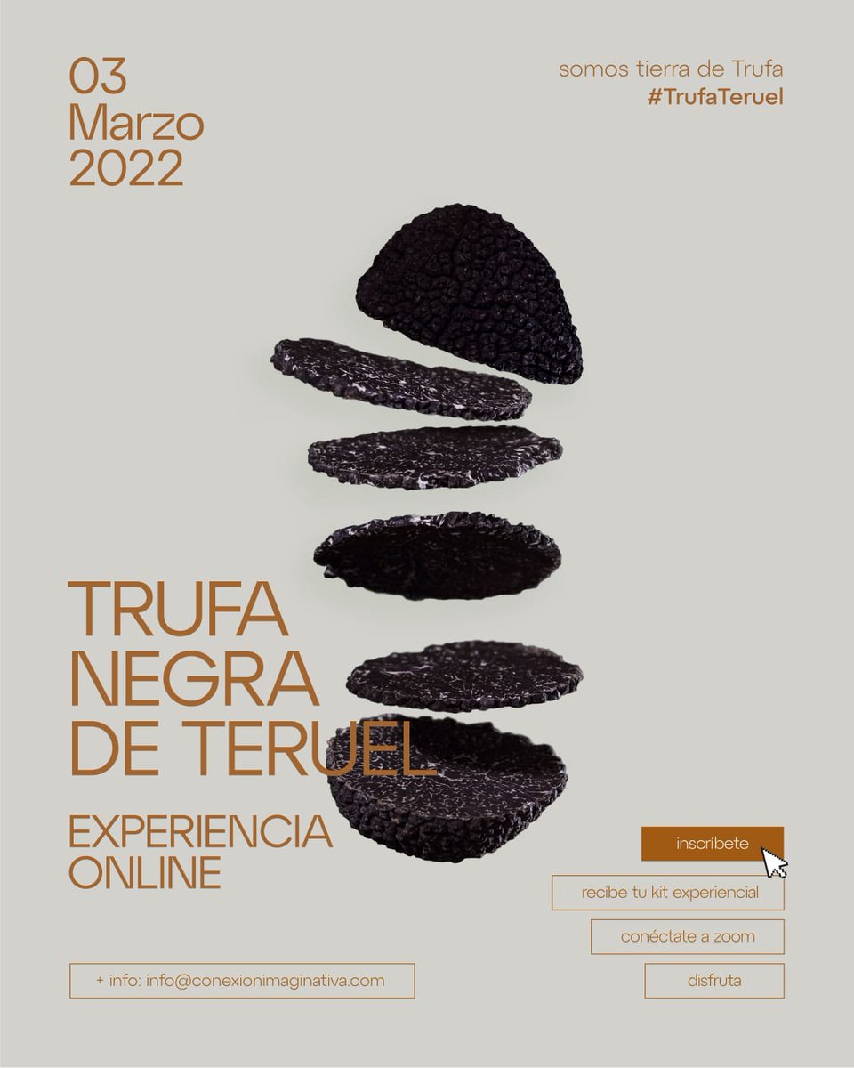 guiateruel's tweet photo. #CataOnline #TrufaTeruel
📌Jueves 3 de marzo.
⏳ No te quedes sin tu kit experiencial.
Incluye:
✔️40 gr. Trufa Negra de Teruel
✔️ 1 botella de Viñas del Vero Crianza 2017
✔️ 2 cervezas Turia
...Y todo lo necesario para pasarlo bien. 😄
Inscríbete👇
https://t.co/68i9vCzTj4 https://t.co/ByseigQYIn