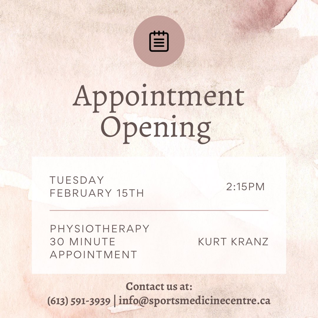 sm__centre's tweet photo. Appointment opening for tomorrow!
•
Contact us at:
(613) 591-3939
info@sportsmedicinecentre.ca
https://t.co/CZHoWxqGr2
•
#sportsmedicinecentre #movement #stretch #exercise #rehab #physiotherapy #athletictherapy #massagetherapy #sportmedicine #physitrack #kangatech #kangatech360 https://t.co/K7oINO0wfC