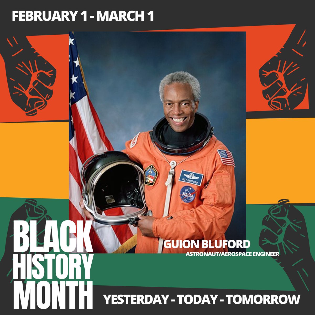 Guion Bluford is an American aerospace engineer, retired U.S. Air Force officer and fighter pilot, and former NASA astronaut. He is the first African American in space.  He participated in four Space Shuttle flights between 1983 and 1992.