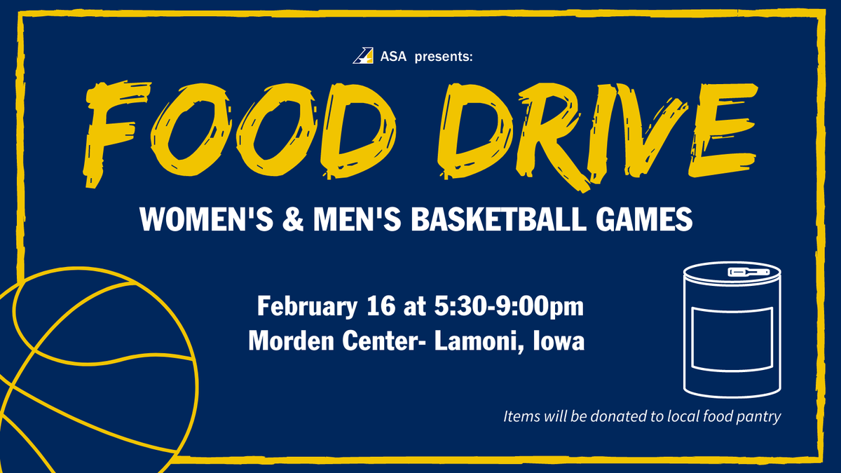 ASA is sponsoring a food drive for the <a href="/HeartSportsNews/">Heart of America Athletic Conference</a> Day of Caring event during the women's and men's basketball games on Wednesday in the Morden Center‼️ Donate a canned good and get entered into a raffle! 🏀 🏀