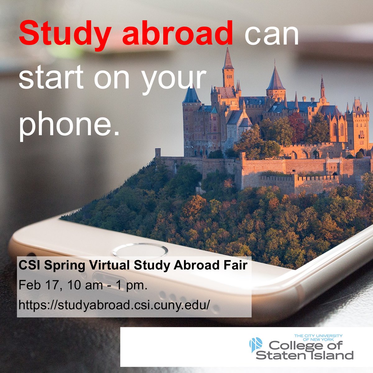 CenterIntl's tweet photo. Spring 2022 Virtual Study Abroad Fair
The Center for Global Engagement at the College of Staten Island is having a virtual study abroad fair via Zoom on Thursday, February 17, 2022 from 10am - 1pm.  
Zoom link: https://t.co/nYFKpoQB94 https://t.co/pk8g5zZT40