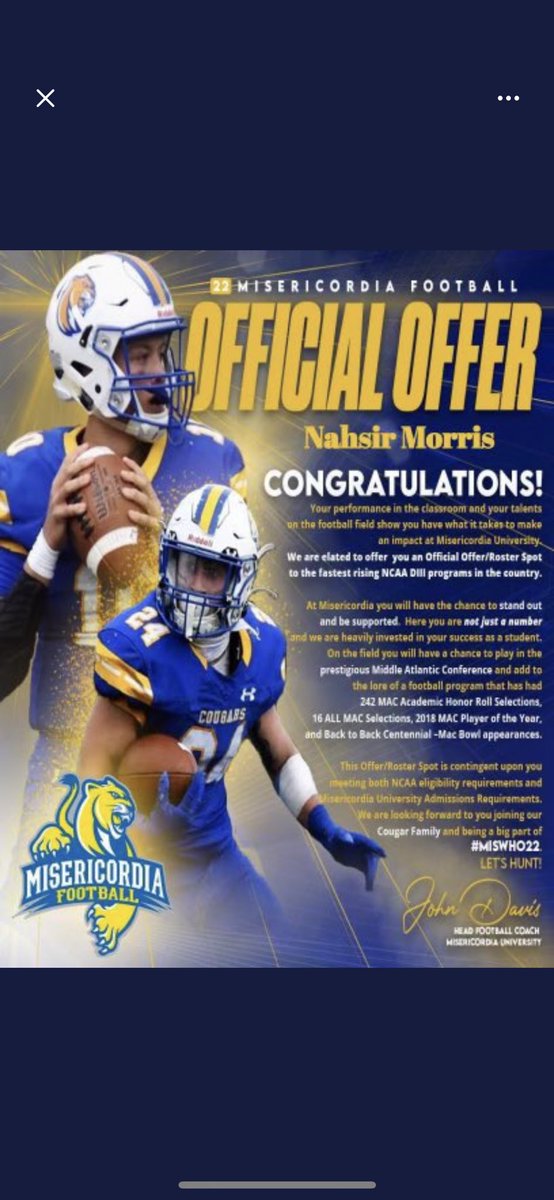 NahsirMorris's tweet photo. Blessed to receive my 3rd offer from Misericordia University @MisericordiaHFC @coachporterWR  #MisWHO22 https://t.co/IiJEh1zhZ8