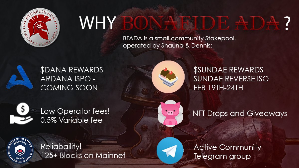 Shauna (BF₳D₳ Stakepool) (@i_amshaunak) on Twitter photo WANT EXTRA $DANA & $SUNDAE REWARDS?
As @ArdanaProject #ISPO announced today & proud members of the #ASPA Alliance, BFADA will be offering $DANA rewards soon!
We are also an eligible <a href="/SundaeSwap/">Sundae Labs 🍨</a> Reverse ISPO pool, so $Sundae is on the menu too!
#Cardano #CardanoCommunity $ADA WANT EXTRA $DANA & $SUNDAE REWARDS?
As @ArdanaProject #ISPO announced today & proud members of the #ASPA Alliance, BFADA will be offering $DANA rewards soon!
We are also an eligible <a href="/SundaeSwap/">Sundae Labs 🍨</a> Reverse ISPO pool, so $Sundae is on the menu too!
#Cardano #CardanoCommunity $ADA