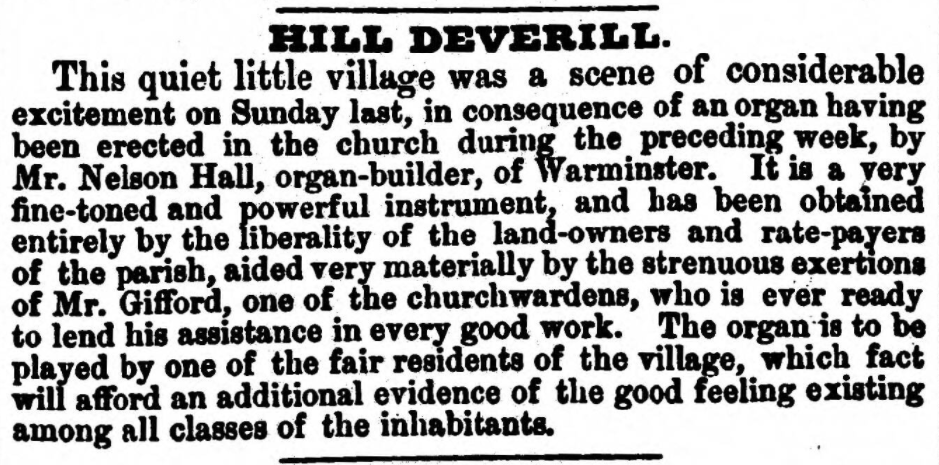 DeverillsOps's tweet photo. It's difficult nowadays to imagine how much of a difference an organ would make to the village.

@BNArchive Salisbury and Winchester Journal - Saturday 30 June 1860

#HillDeverill #Wiltshire #History #Genealogy #FamilyHistory #Music https://t.co/LRr8DEHbpu