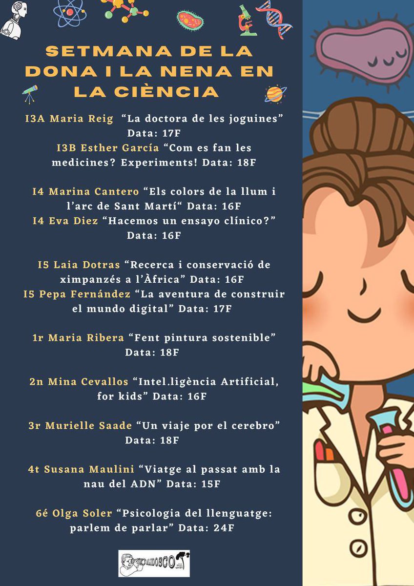 Demà comença la Setmana de les #MaresCientífiques a l’@EscolaPiXandri 
Aquestes són les xerrades que han preparat per explicar la seva professió als alumnes #DonesCientífiques #11F #ReferentsFemenins 
😉  propers