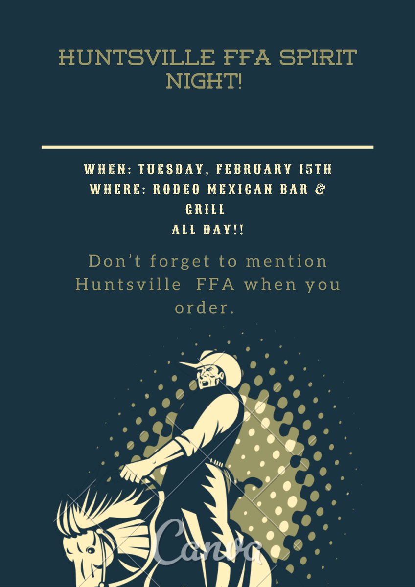 HuntsvilleFFA's tweet photo. Come out and join us for our spirit/profit share night at Rodeo Mexican Bar and Grill!! all day. https://t.co/bVos8RwfoK