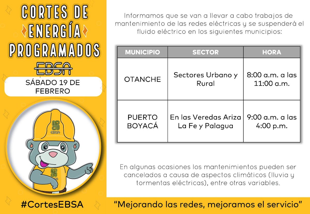 EBSApuraenergia's tweet photo. 🕯 #CortesEBSA ǁ Entérate de las suspensiones programadas por mantenimiento e instalación de redes #Viernes 18 de Marzo prográmate 🔦Infórmate: https://t.co/G3casHhkwL 
https://t.co/8wx7QvsL90 https://t.co/8Z18xXXY5o