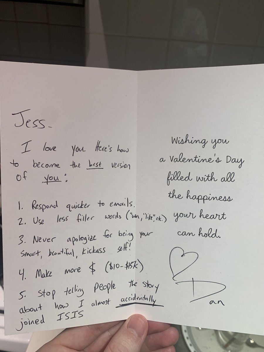 atdanwhite's tweet photo. Love is about honesty and helping your partner be the best version of themselves. That’s why every Valentine’s Day I write my partner a card with simple, actionable steps for self improvement. https://t.co/vcS98cCqC3