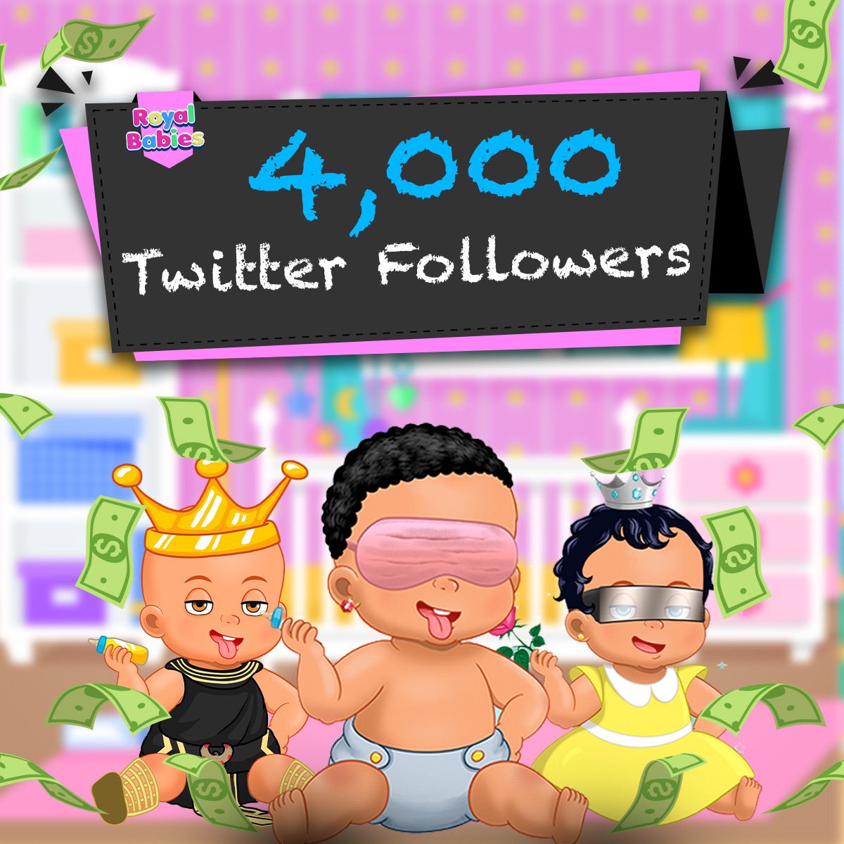 RoyalBabiesNFT's tweet photo. We reached 4,000 Twitter followers and decided it’s time to do a GIVEAWAY. $100 and 3 WL spots. Winners will be DM’d in 48 hours.👶🏻

-tag 5 frens
-retweet
-follow https://t.co/x9wNcFDgUh