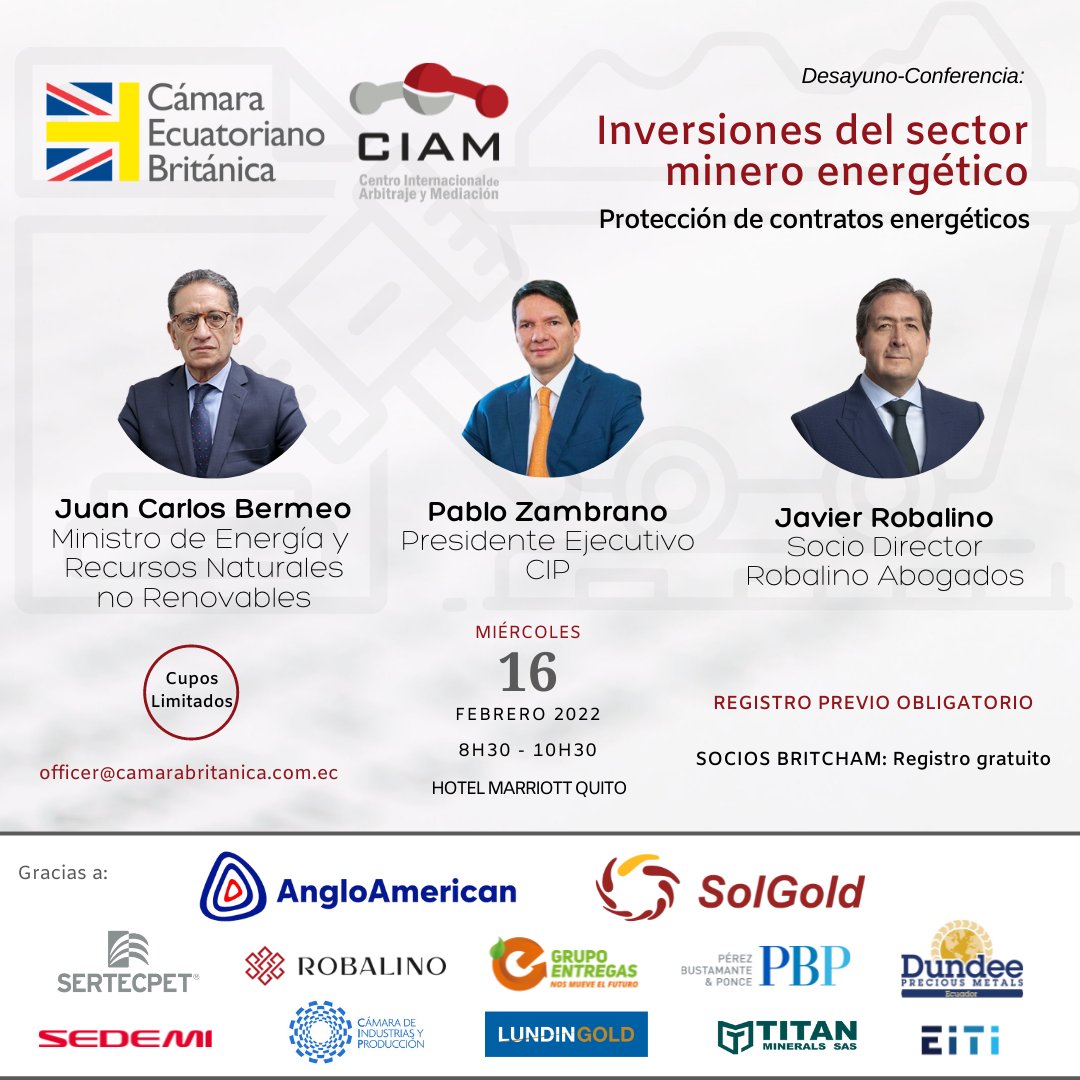 CamaraEcuBrit's tweet photo. Este miércoles! Conferencia inversiones y protección de contratos en el sector minero 🇪🇨🇬🇧⛏⚖

Registro
https://t.co/wtsXbPEcYB

#angloamerican @SolGoldEc @sertecpet  #ROBALINO #Grupoentregas @PBPLAW @CamaraCIP @EITIEcuadorGI #SEDEMI @MineralsTitan #CIAM @DPM_EC @LundinGoldEC https://t.co/ZNzXSQhaK7