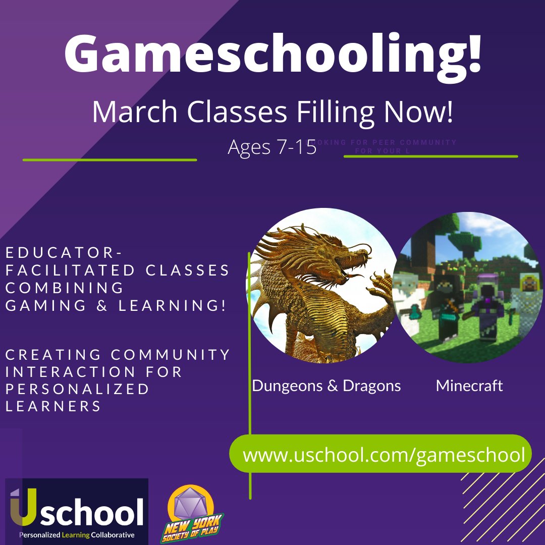 Are your kids bored with routine?  We love #gameschooling with friends!  
Sign up now for March Classes. Plus, two #valentines gifts for families: 
"Try before you buy" on Feb. 16 and 10% discount before March 1.
hubs.la/Q0147dVN0 #dungeonsanddragons #minecraft #gaming
