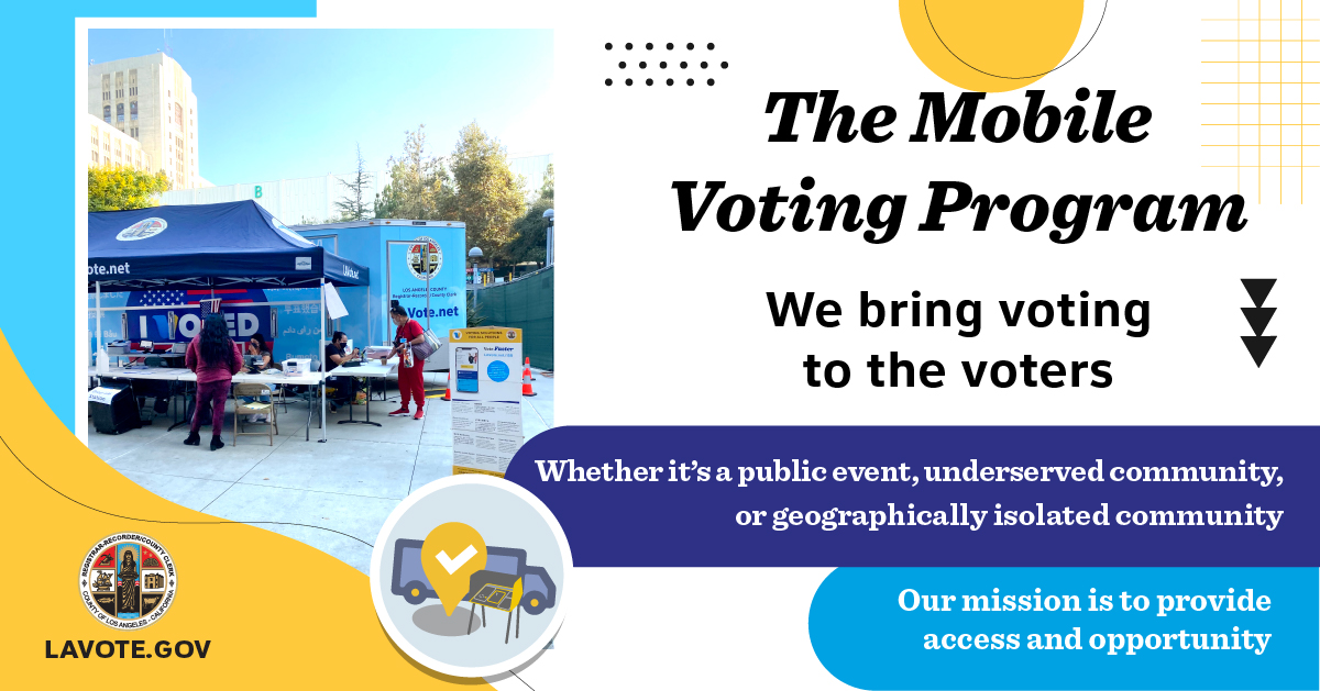 LACountyRRCC's tweet photo. We bring voting to the voters in #LACounty.
Whether at a public event, underserved community, or geographically isolated community...the mission of the Mobile Voting Program is to provide voting access and opportunity.
#VotingOptions #MobileVoteCenter #EveryVoteIn https://t.co/5BUJiR1zPD
