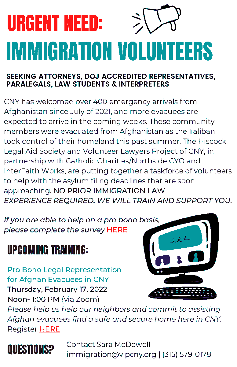 Volunteers are urgently needed! Central NY has welcomed over 400 emergency arrivals from Afghanistan since July of 2021, and more evacuees are expected to arrive in the coming weeks.

Volunteer link: surveymonkey.com/r/SC9PLG2 

Training registration link: onbar.org/events/cle-pro…