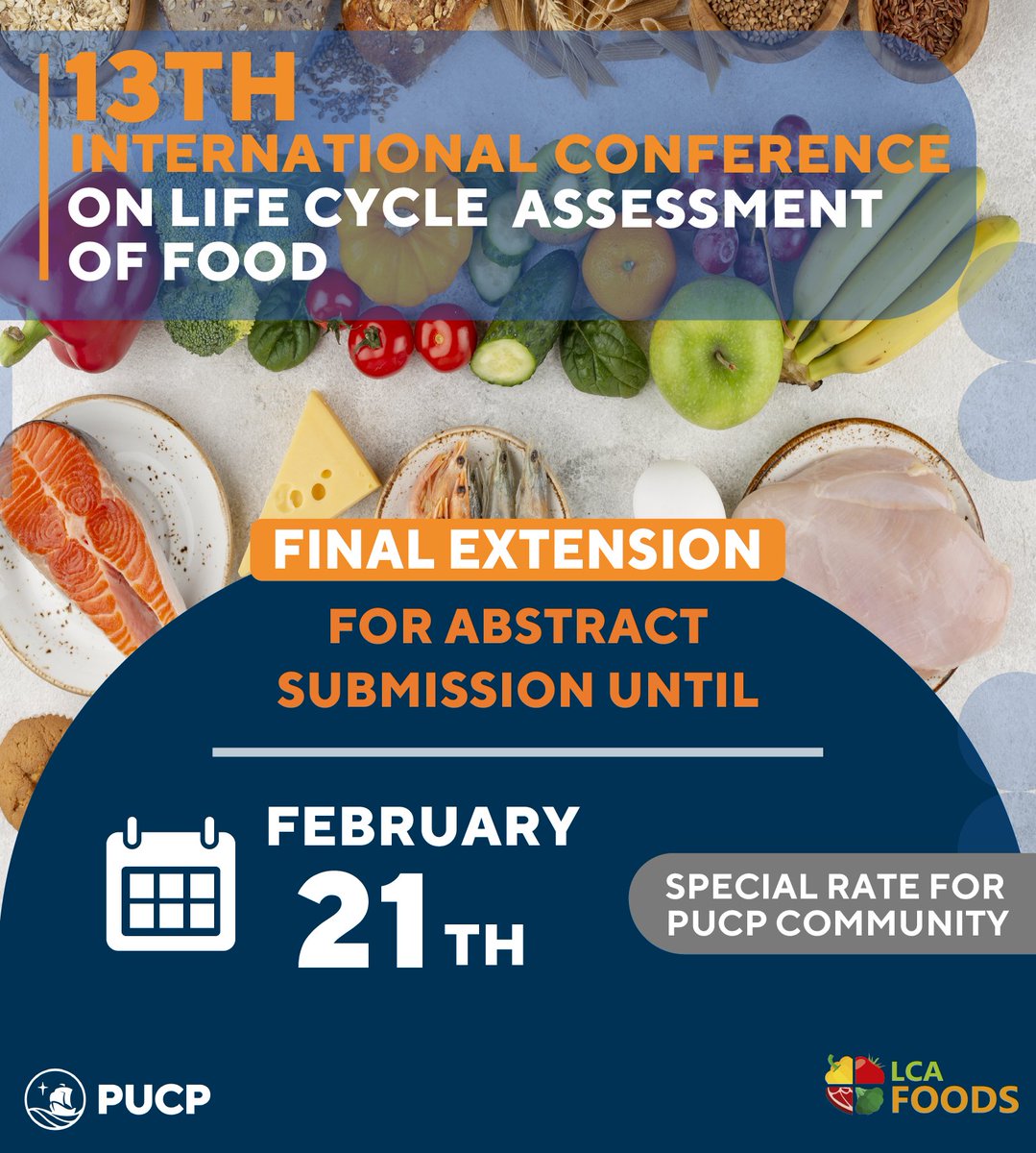 ⌛️📢#FinalExtension for abstract submission has been granted for #LCAFOODS2022 🍳🥝🍕🥦until February 21st | For information on important dates ✍️📚 and details reach 🔗bit.ly/LCAFOODS22home
#LCA #FoodSecurity #Seafood #FoodSupply #NutritionSecurity #EnvironmentalCertification